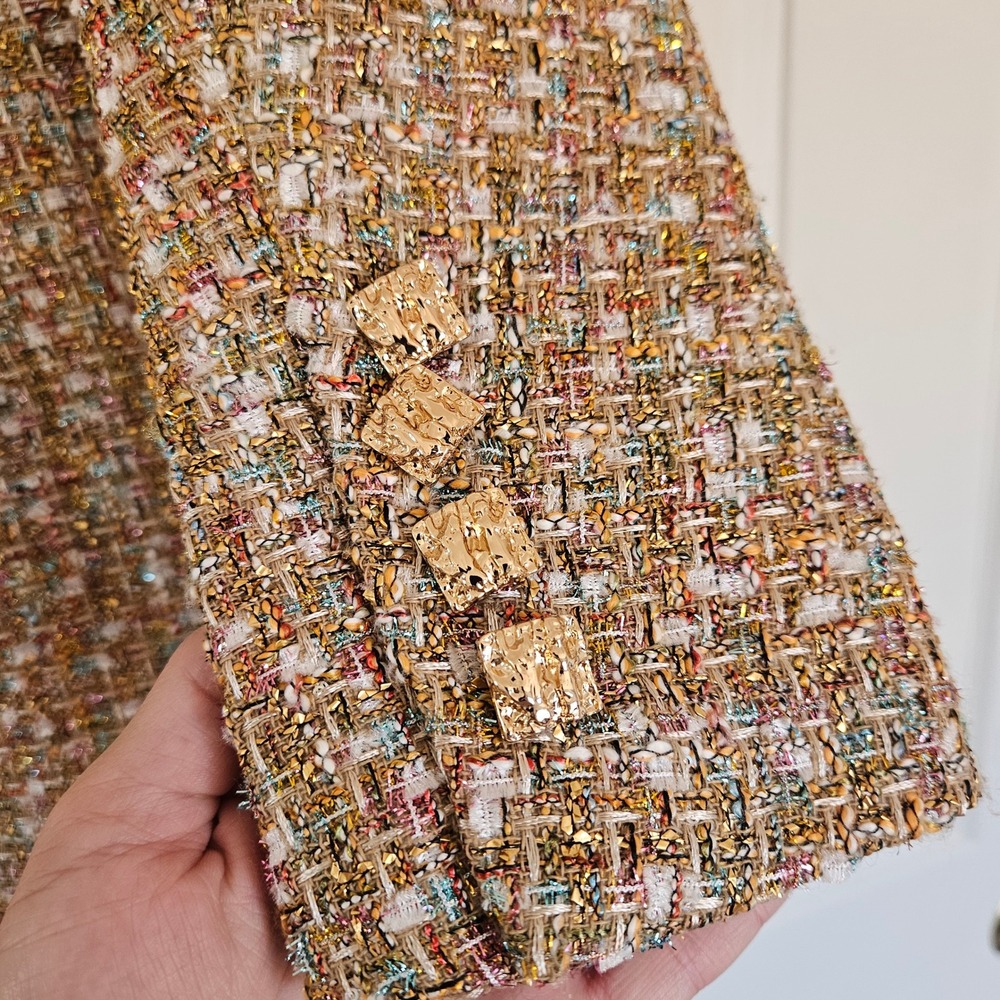 Self Portrait Gold Tinsel Boucle Off Shoulder Mini Dress US 2 UK 6 NEW Regal - Picture 11 of 12